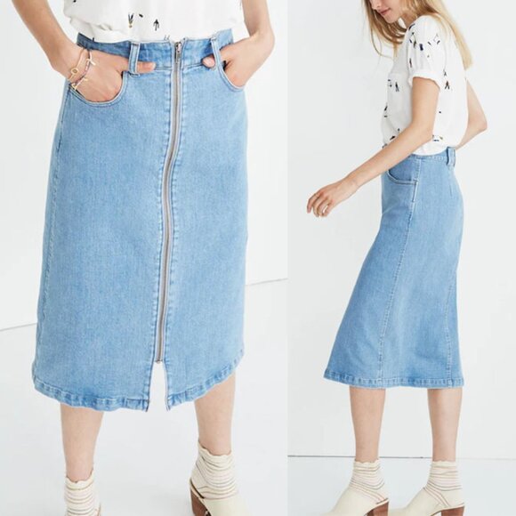 Madewell Denim Zip Midi Skirt in Janice Wash Size 26 Stretch Jean Full Zip $88 - Picture 1 of 16